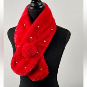 ShopEvelynne Vibrant Red Faux Fur Scarf with Pearls